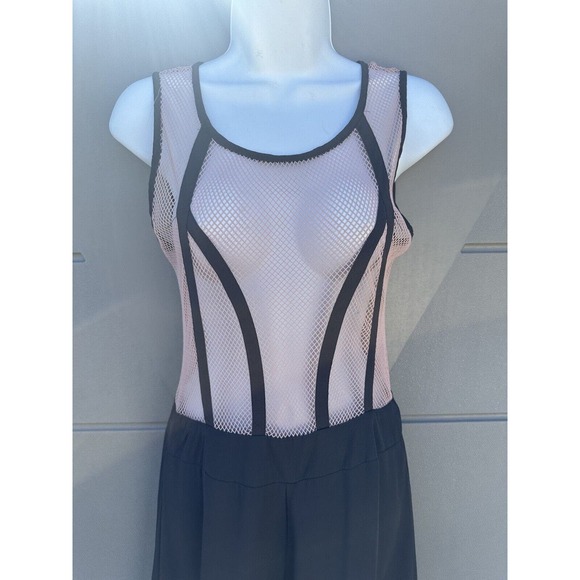 Rehab Sz M Pink & Gray sleeveless Mesh Top Chiffon wide leg Jumpsuit Sexy Club - Picture 5 of 10